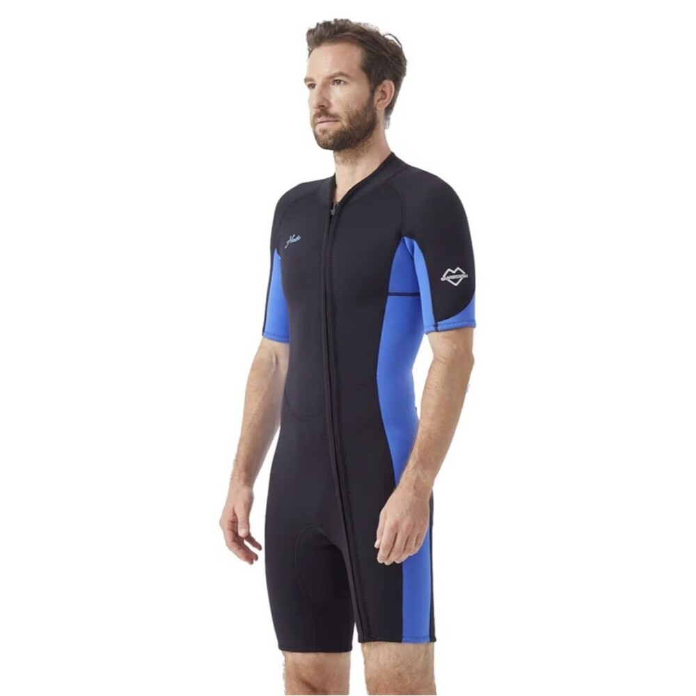 Hevto Shorty Men’s Wetsuit 2mm Neoprene Front Zip Black Blue M NWT
